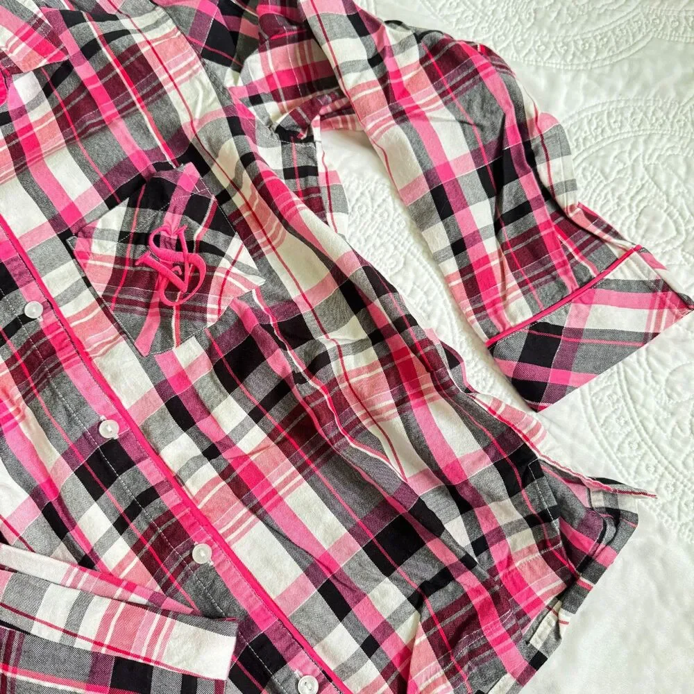 Victoria's Secret Plaid Print VS Logo Embroidered Pajamas Set Pink Black Size XS - Picture 9 of 9